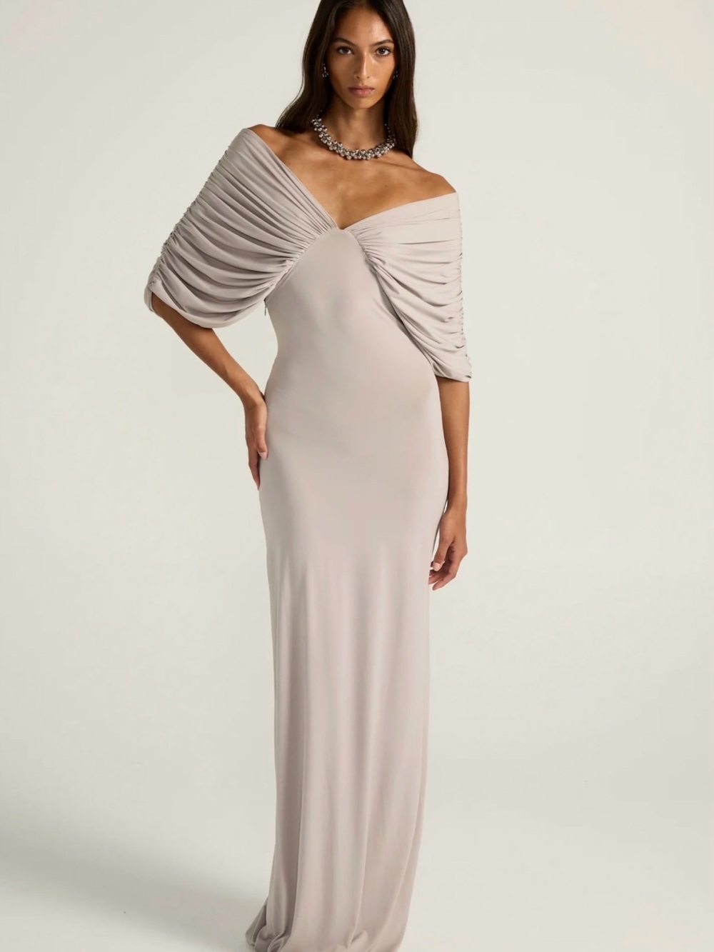 Neve Dress - Ance Gria Elegant Off-Shoulders Ruched Evening Gown in Light Grey